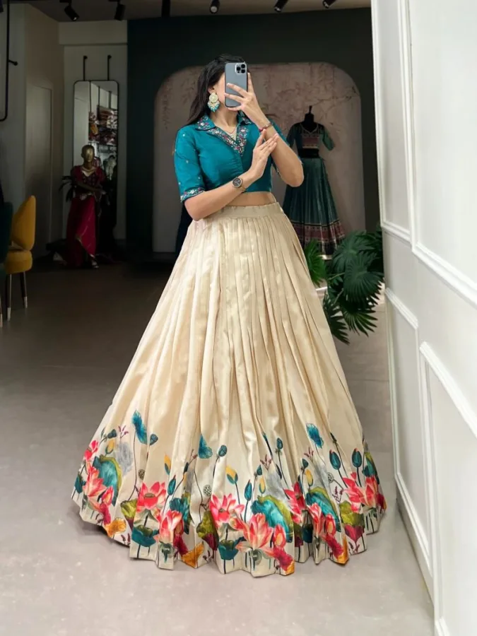 Women's Tussar Silk Floral Printed Lehenga Choli  | Mirror Hand Work | Traditional Wear