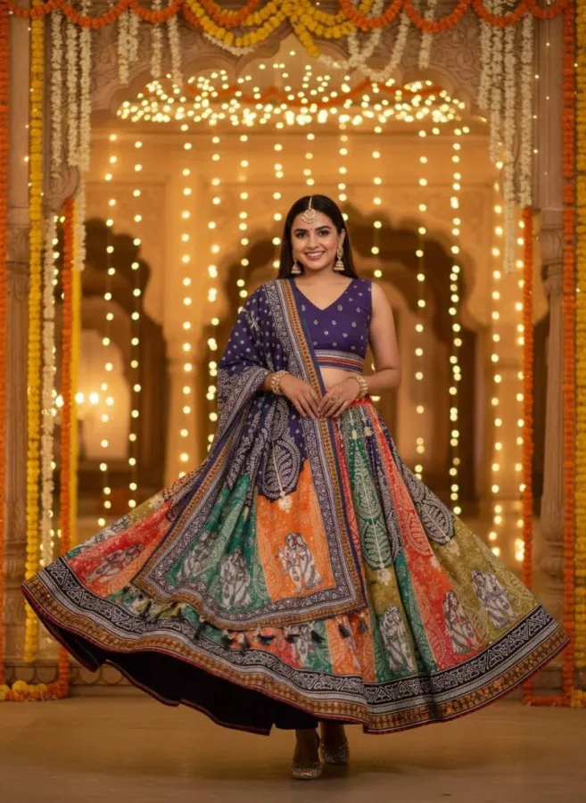 Women's Radha Krishna 1 Printed Lehenga Choli  | Poly Cotton Rayon Festival Wear Lehenga Set with Dupatta