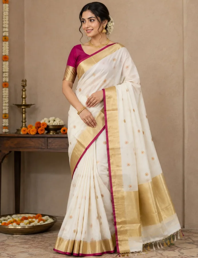 Women's Original Silk Cotton Saree for | Elegant Gold Zari Border with Floral Butti | Traditional Festive & Wedding Wear Saree with Blouse