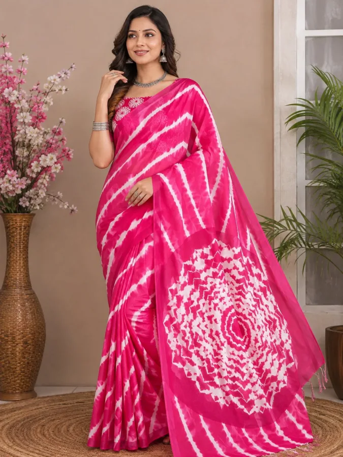 Women’s Soft Chinon Silk Zig Zag Digital Printed Saree with Designer Pallu & Matching Blouse | Festive & Occasional Wear