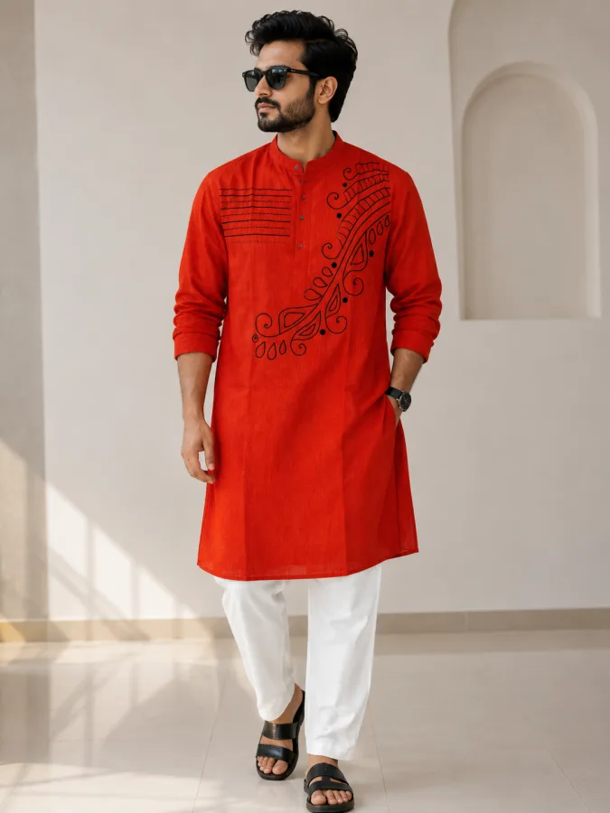 Men’s Red Punjabi Kurta with Katha Stich Work | Traditional Bengali Ethnic Wear for Puja & Wedding