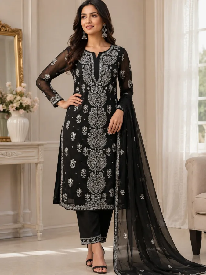 Black Georgette Heavy Chikankari Hand Work Kurti with Inner for Women | Sequin Work Party Wear Kurti