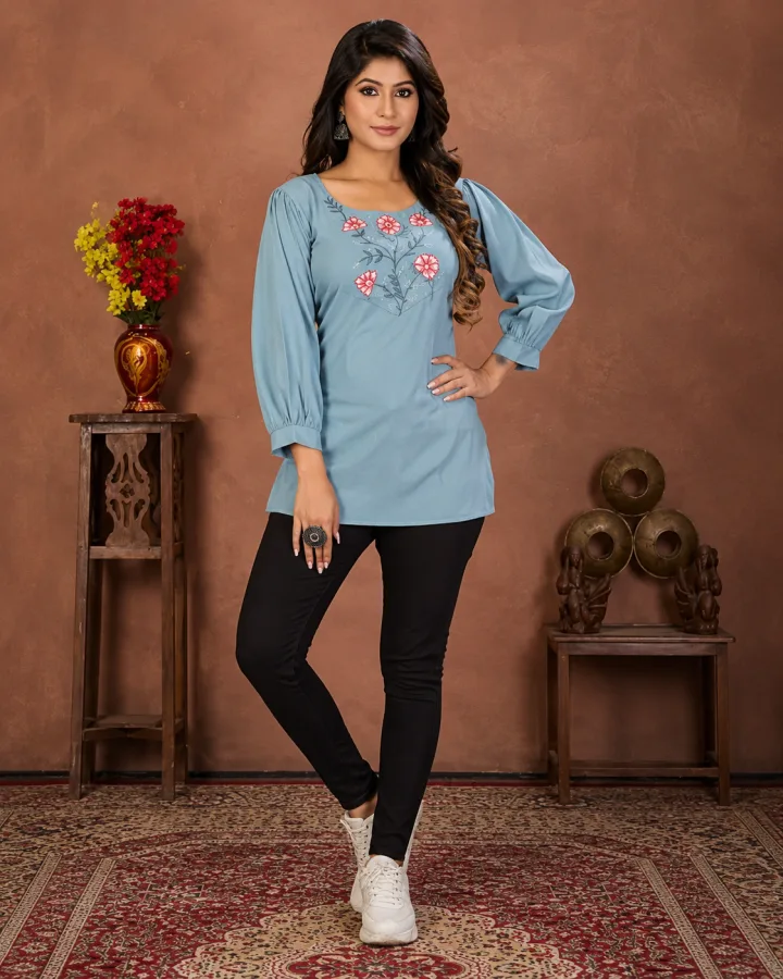 Stylish Sky Blue Rinkal Cotton Embroidered Short Top for Women | Casual, Office & Daily Wear Kurti Top