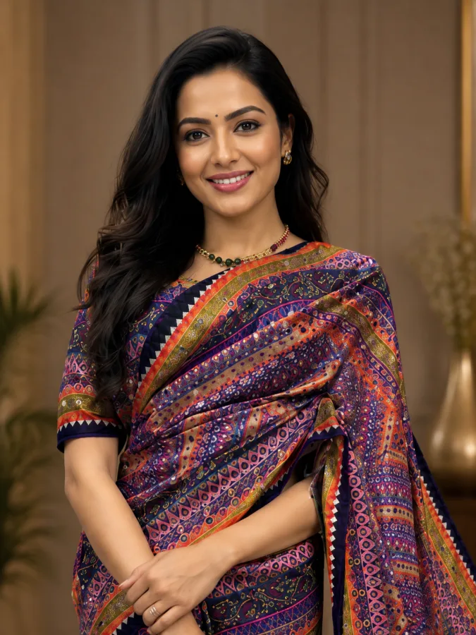 Purple Multicolor Chinon Silk Mirror Work Saree | Designer Wedding & Party Wear Saree
