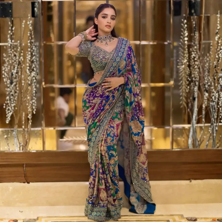 Chinon Silk Mirror Work Multicolour Saree | Designer Digital Print Wedding & Party Wear Saree