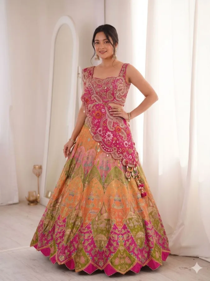 Women's Digital Print Pink Lehenga Choli with Embroidered Shrug