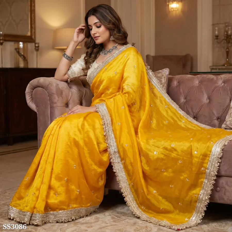 Women's Fandy Satin Saree with Sequin Butti Work & Lace Border | Party Wear Designer Saree for Women