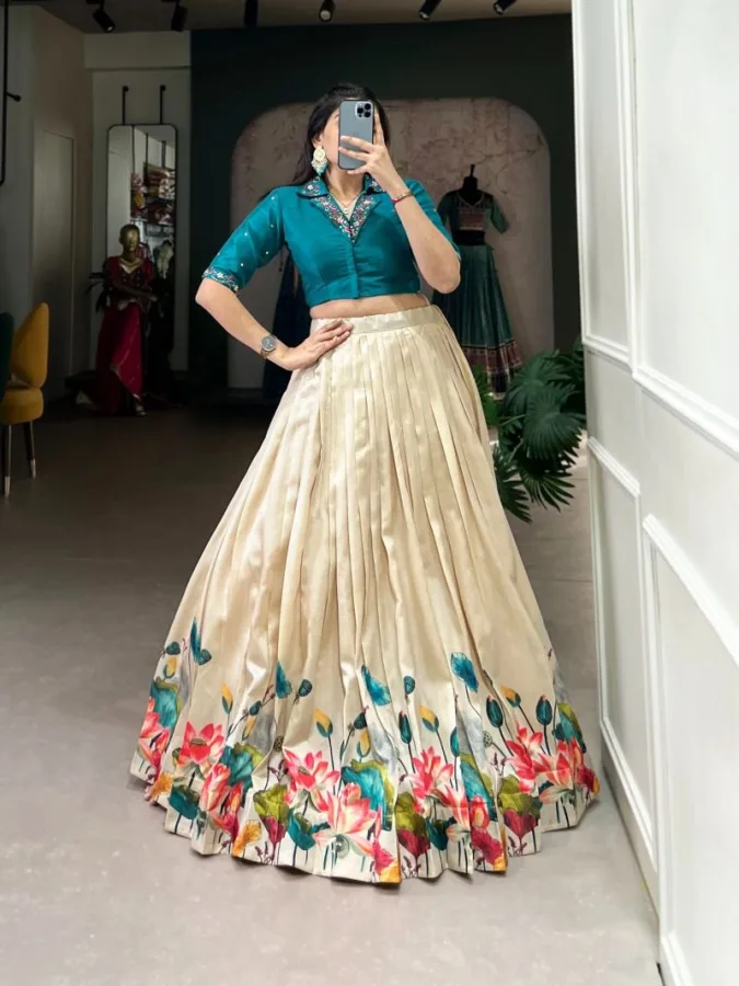 Women's Tussar Silk Floral Printed Lehenga Choli  | Mirror Hand Work | Traditional Wear