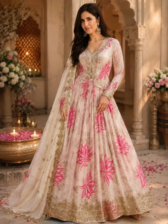 Sumitra Handmade Women's Russian Silk Sequins Embroidered Gown with Dupatta | Digital Print Zari Work | Party & Festival Wear
