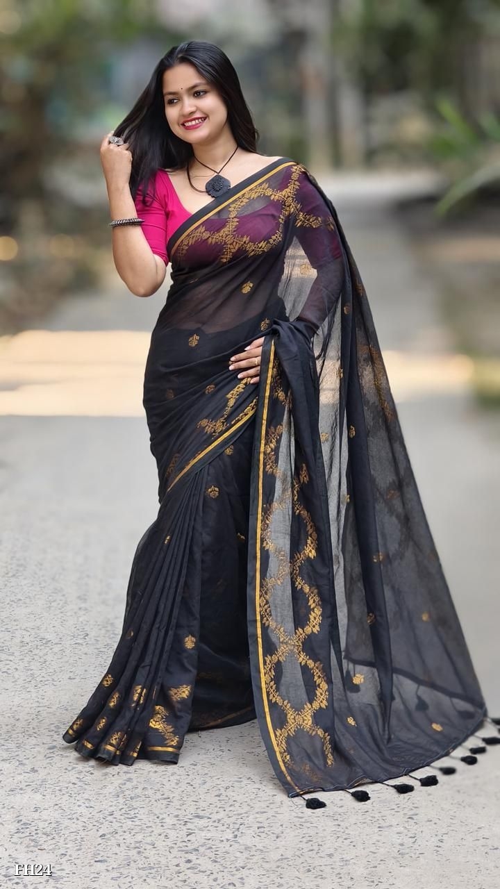 Black Handloom Cotton Saree with Golden Zari Border & Magenta Blouse | Fulia Handloom | Elegant Festive Saree for Women