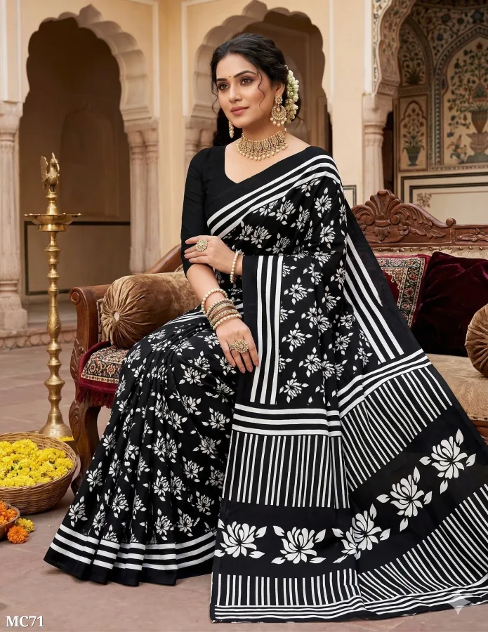 Black & White Floral Printed Pure Cotton Saree (5.5M, No Blouse) | Lightweight Daily Wear Saree for Women | Sumitra Handmade