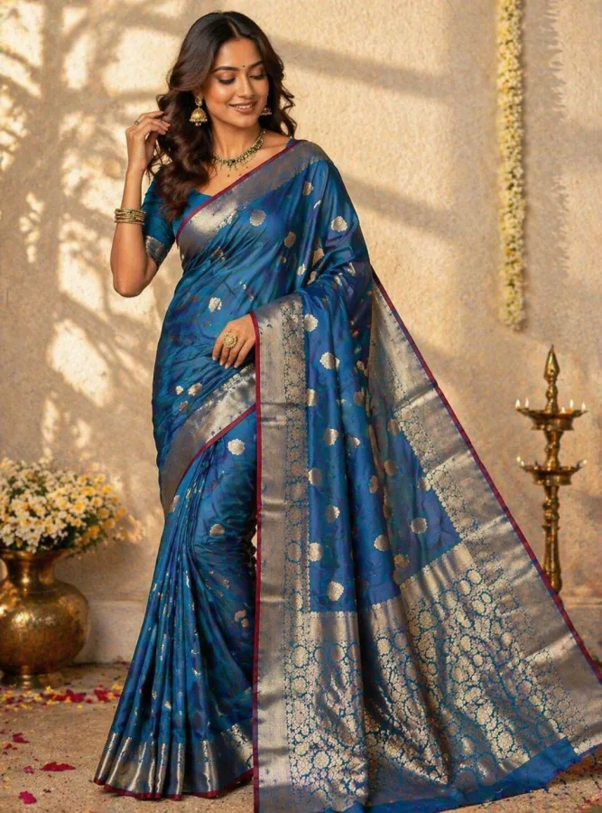 Traditional Banarasi Semi Katan Silk Saree with Zari Boota & Rich Anchal Border | Jacquard Woven Saree with Blouse | Sumitra Handmade