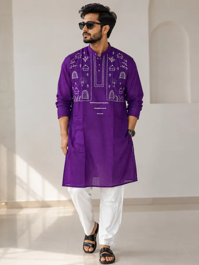 Premium Men’s Katha Stitch Village Art Embroidered Punjabi Kurta – Traditional Bengali Handcrafted Ethnic Wear for Puja & Festival