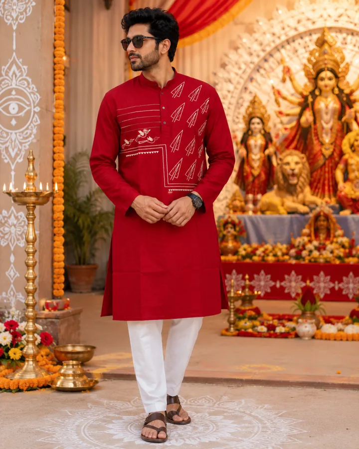 Men’s Red South Cotton Kantha Stitch Punjabi Kurta – Traditional Bengali Handcrafted Ethnic Wear | Size 38-44
