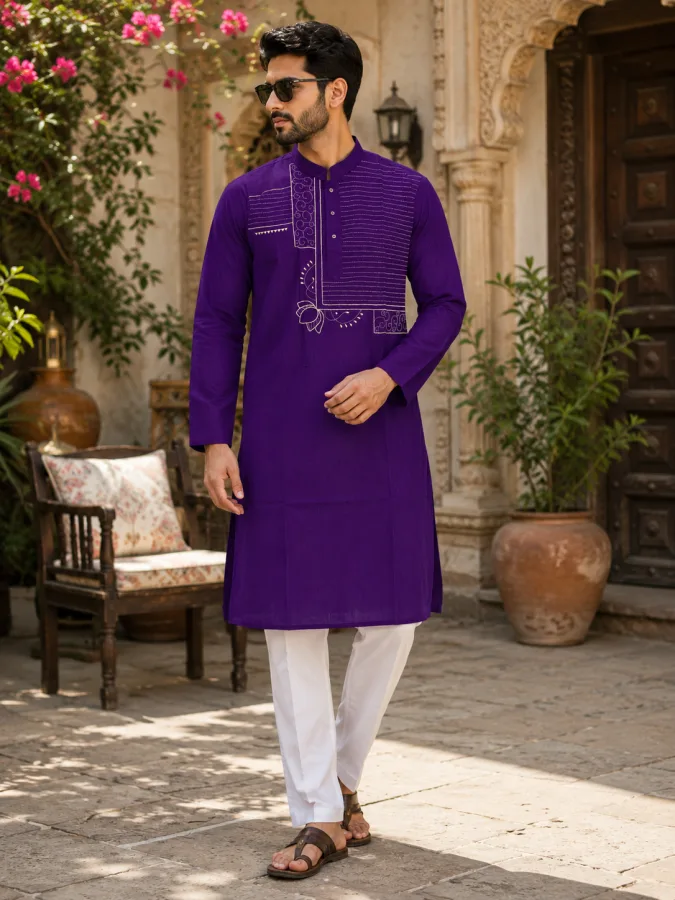 Purple Handcrafted Kantha Stitch Men’s Punjabi | Premium South Cotton Ethnic Kurta for Puja & Festive Wear