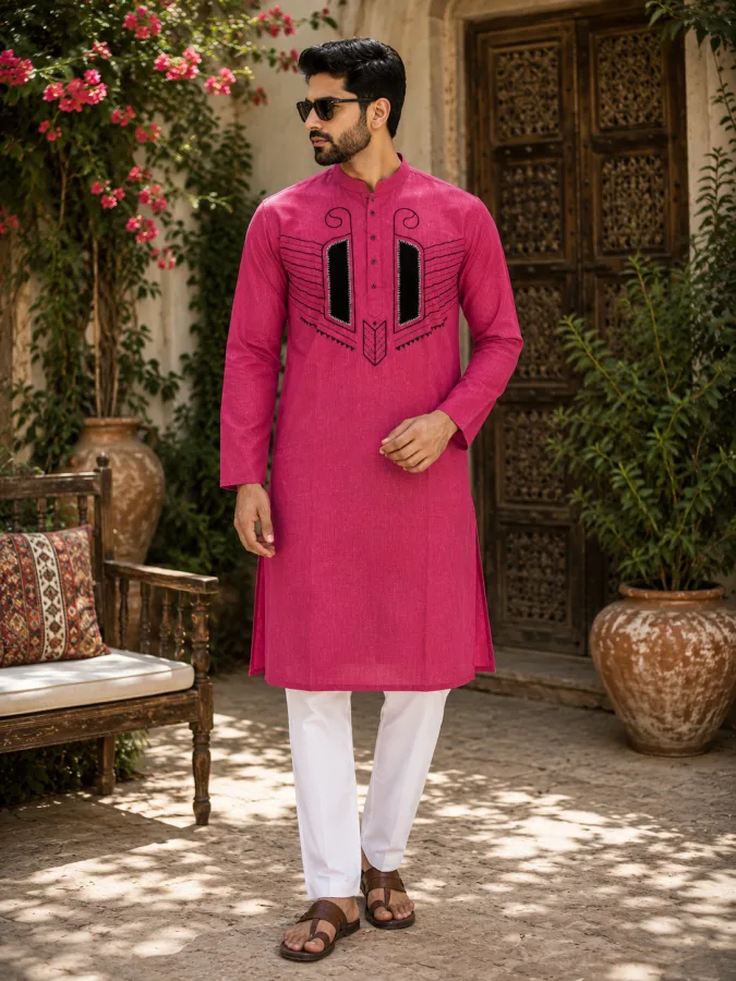 Pink Hand Applique & Kantha Stitch Men’s Punjabi | Premium South Cotton Ethnic Kurta for Puja & Festive Wear