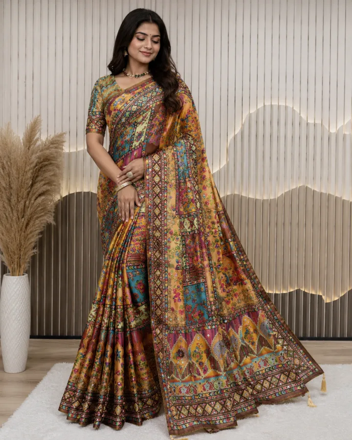 Designer Chinon Silk Saree with Mirror Hand Work | Printed Party Wear Saree for Women | Wedding & Festive Collection