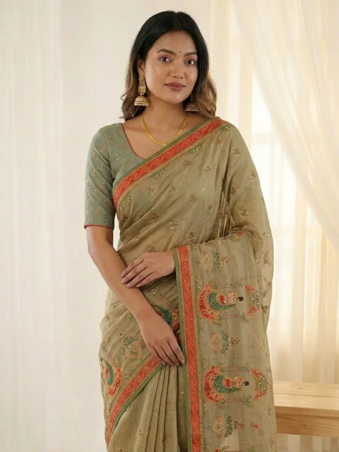 Pure Shimmer Silk Khatli Work Saree | Designer Doll Print Wedding & Party Wear Saree