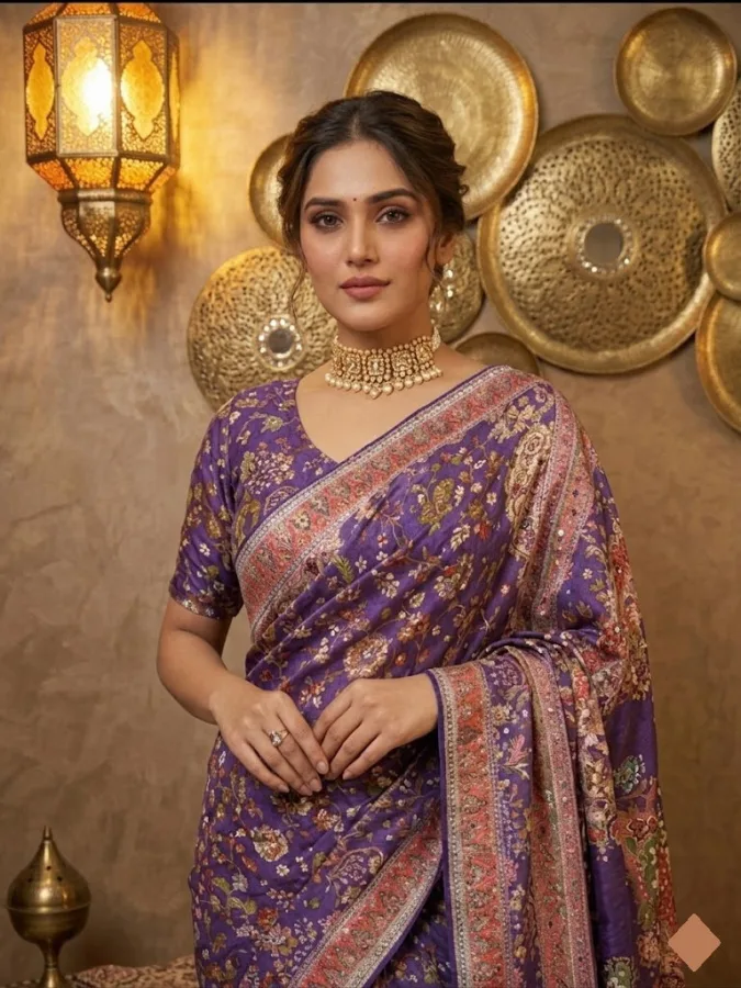 Royal Purple Chinon Silk Mirror Work Saree | Designer Wedding, Party & Traditional Wear Saree