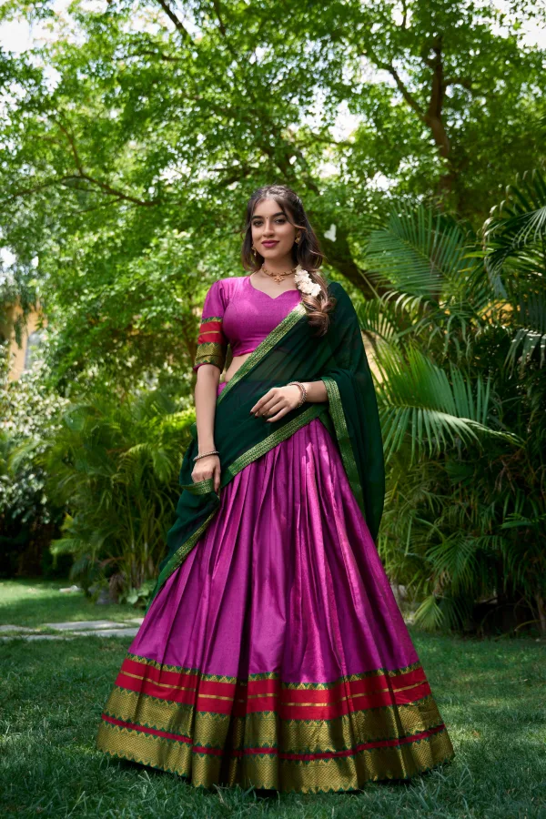 Women's Poly Cotton Zari Weaving Traditional Lehenga Choli with Georgette Dupatta (Semi-Stitched)