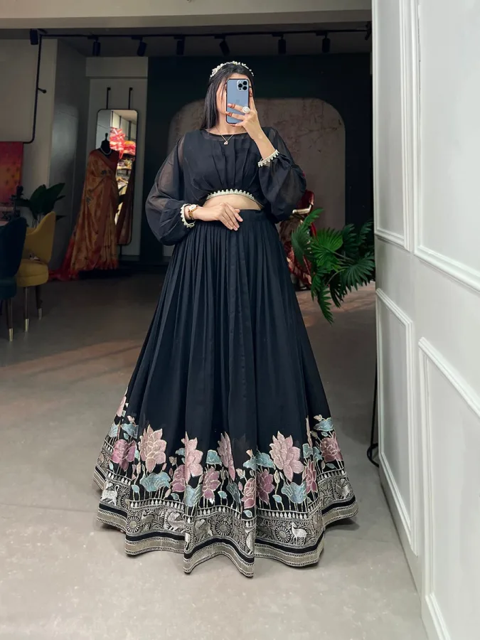 Women's Georgette Sequins Embroidered Wedding Black Lehenga Choli