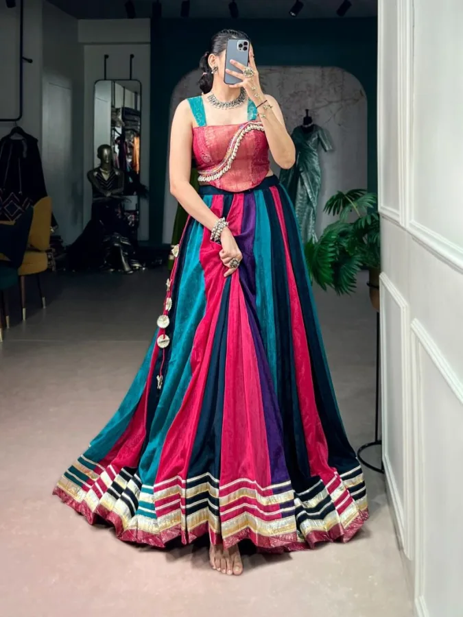 Sumitra Handmade Women's Chinon Zari Weaving Navratri Lehenga Choli with Kodi Work | Fully Stitched Traditional Ethnic Wear