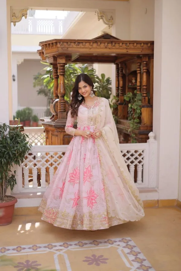 Sumitra Handmade Women's Russian Silk Sequins Embroidered Gown with Dupatta | Digital Print Zari Work | Party & Festival Wear