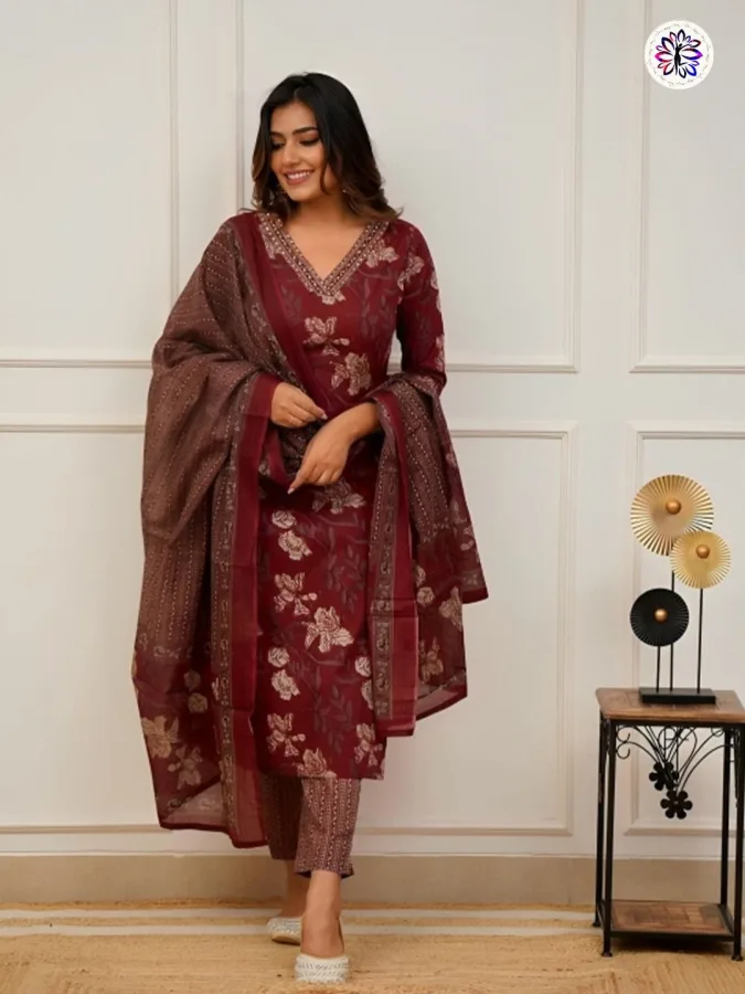 Sumitra Handmade Women's Cotton Designer Kurti Pant with Mal Cotton Dupatta | Embroidery & Printed Ethnic Wear