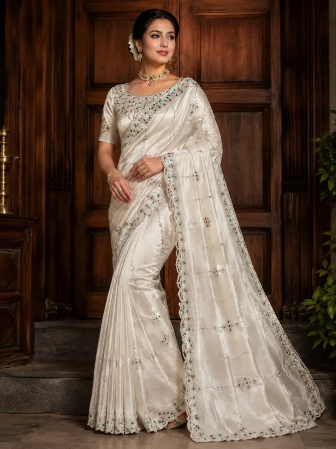Women's Space Silk Jarkan Work Saree with Unstitched Blouse | Stone Handwork Wedding & Party Wear