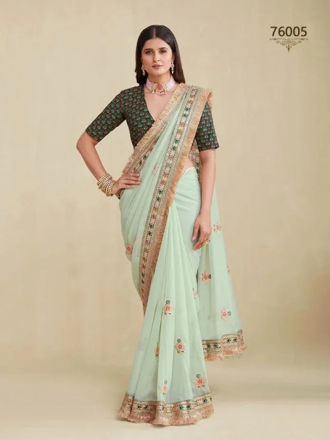 Women's Premium Georgette Floral Embroidered Saree with Heavy Lace Border & Printed Art Silk Blouse