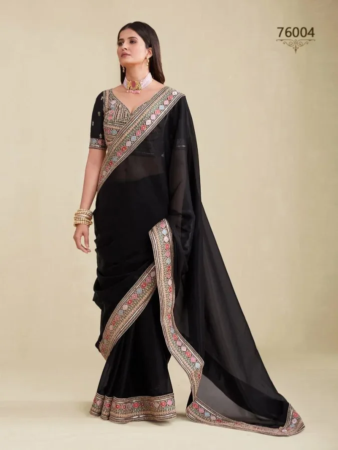 Women's Black Pure Organza Multicolor Embroidered Designer Saree with Satin Silk Blouse | Wedding & Ceremonial Wear