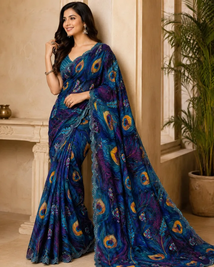 Women's Soft Faux Georgette Peacock Digital Printed Saree with Siroski Work Border & Printed Blouse | Festival Wear