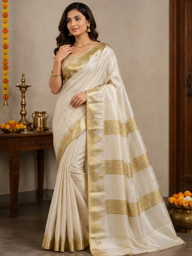 Women's Premium Kerala Temple Tussar Silk Saree with Temple Woven Border | Traditional Festive Wear