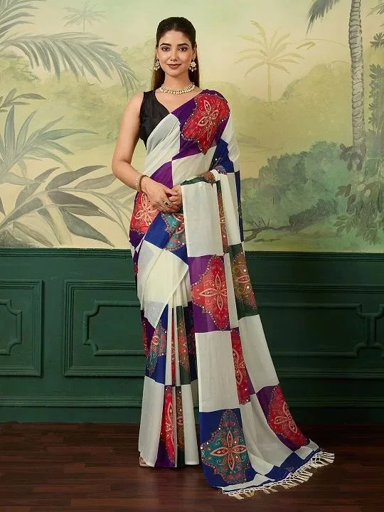 Women's Premium Georgette Silk Digital Printed Saree with Mirror Work | Party Wear & Festive Saree with Matching Blouse