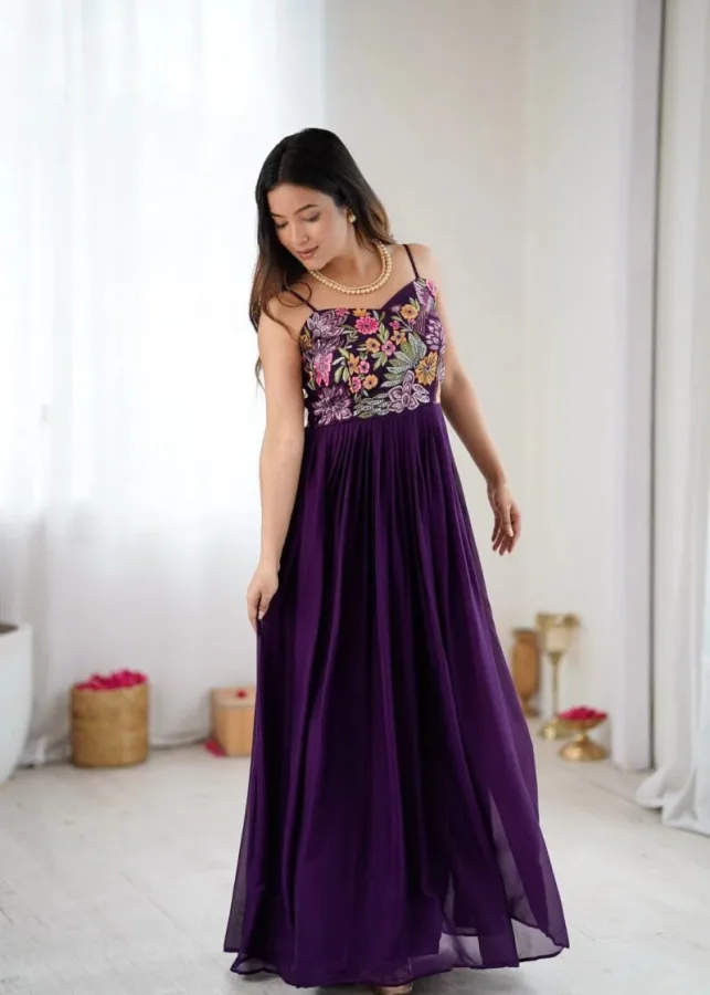 Women’s Pure Georgette Embroidered Anarkali Gown | Multicolor Floral Embroidery | Sleeveless Party Wear Long Gown